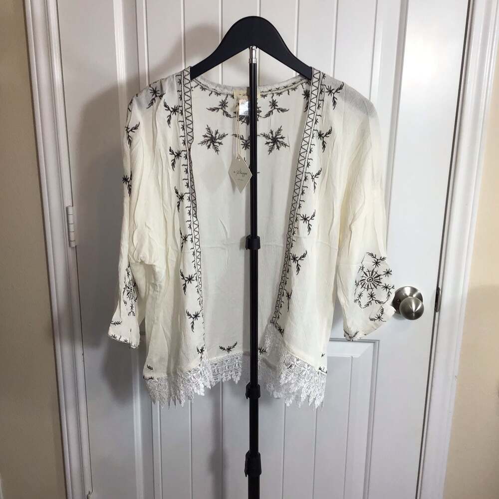 a Shappe Apparel Cream Embroidered Boho Kimono Cardigan with Lace Trim Boho